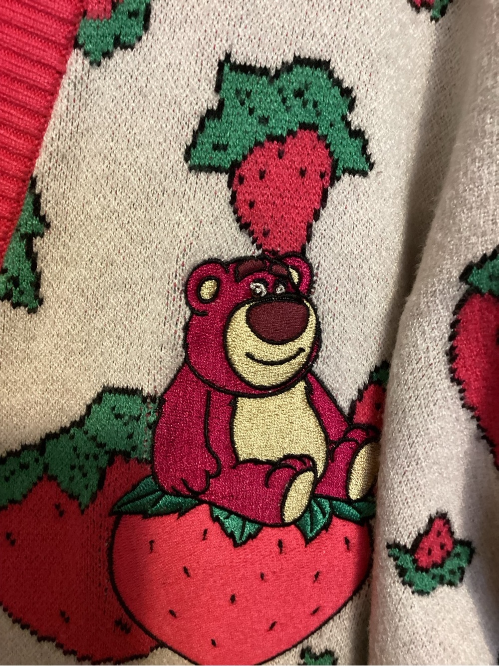Pixar Cozy Lotso bear Strawberry Cardigan Sweater - Red/White, EUC, 3X - Picture 4 of 10
